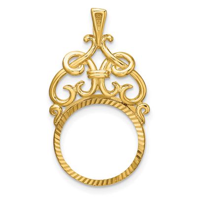 Fancy Filigree Top and Diamond-Cut 14.0mm Prong Coin Bezel Pendant 14k Gold Polished C1504D/14.0