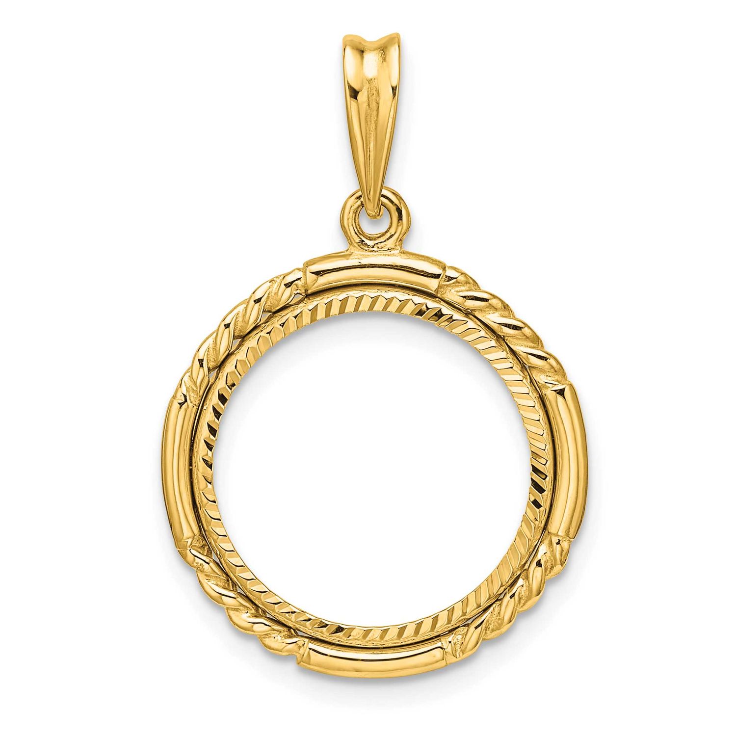 Quadruple Twist and Diamond-Cut 16.0mm Prong Coin Bezel Pendant 14k Gold Polished C1013D/16.0
