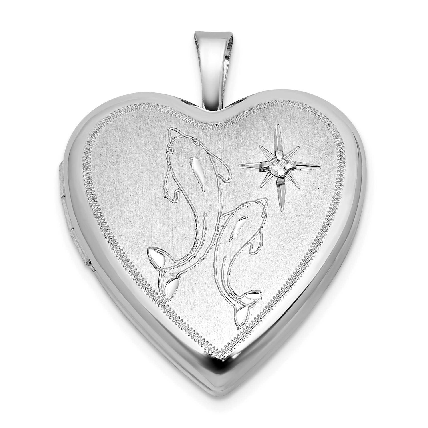Brushed Diamond and Dolphins 20mm Heart Locket Sterling Silver Rhodium-plated QLS1194