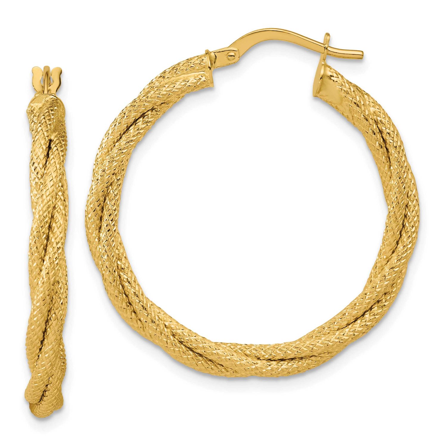 Twisted Round Hoop Earrings 14k Gold Polished and Textured LE2851