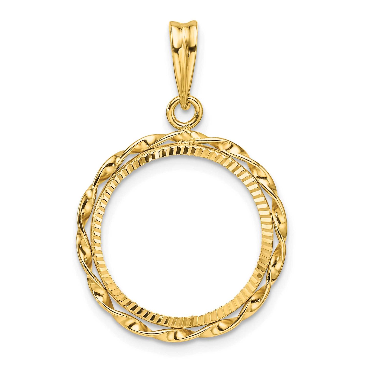 Hand Twisted Ribbon and Diamond-Cut 16.5mm Prong Coin Bezel Pendant 14k Gold Polished C3996D/16.5