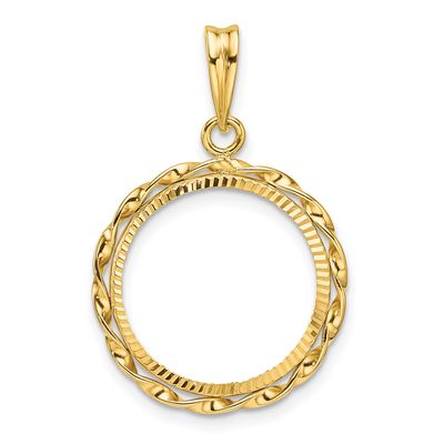 Hand Twisted Ribbon and Diamond-Cut 16.5mm Prong Coin Bezel Pendant 14k Gold Polished C3996D/16.5