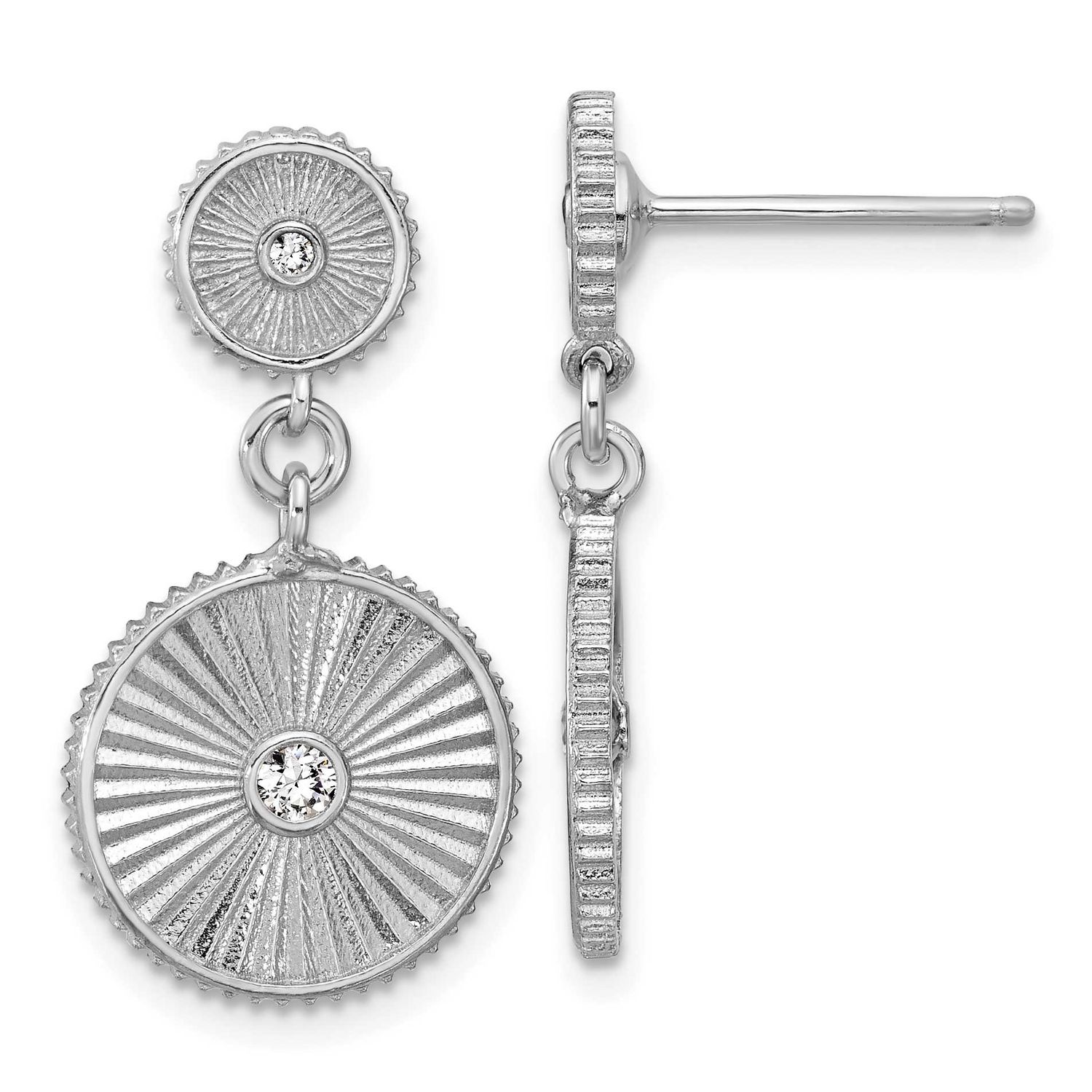 CZ Polished/Grooved Circle Dangle Post Earrings Sterling Silver Rhodium-plated QLE1518 196904322208