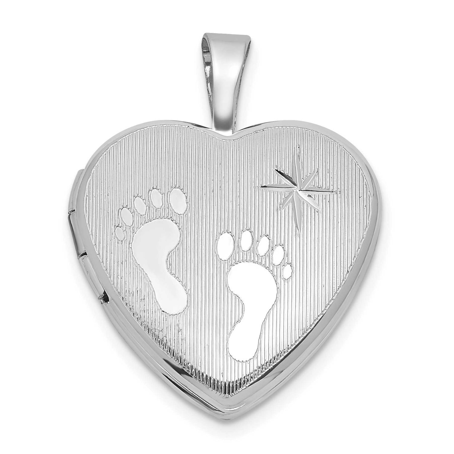 Brushed and Polished Footprints and Star 16mm Heart Locket Sterling Silver Rhodium-plated QLS1219
