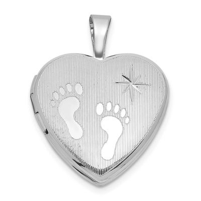 Brushed and Polished Footprints and Star 16mm Heart Locket Sterling Silver Rhodium-plated QLS1219