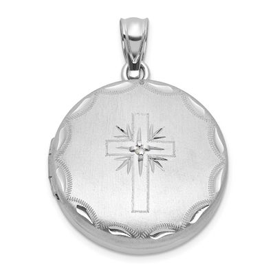 Brushed and Polished Diamond Cross 20mm Round Locket Sterling Silver Rhodium-plated QLS1241