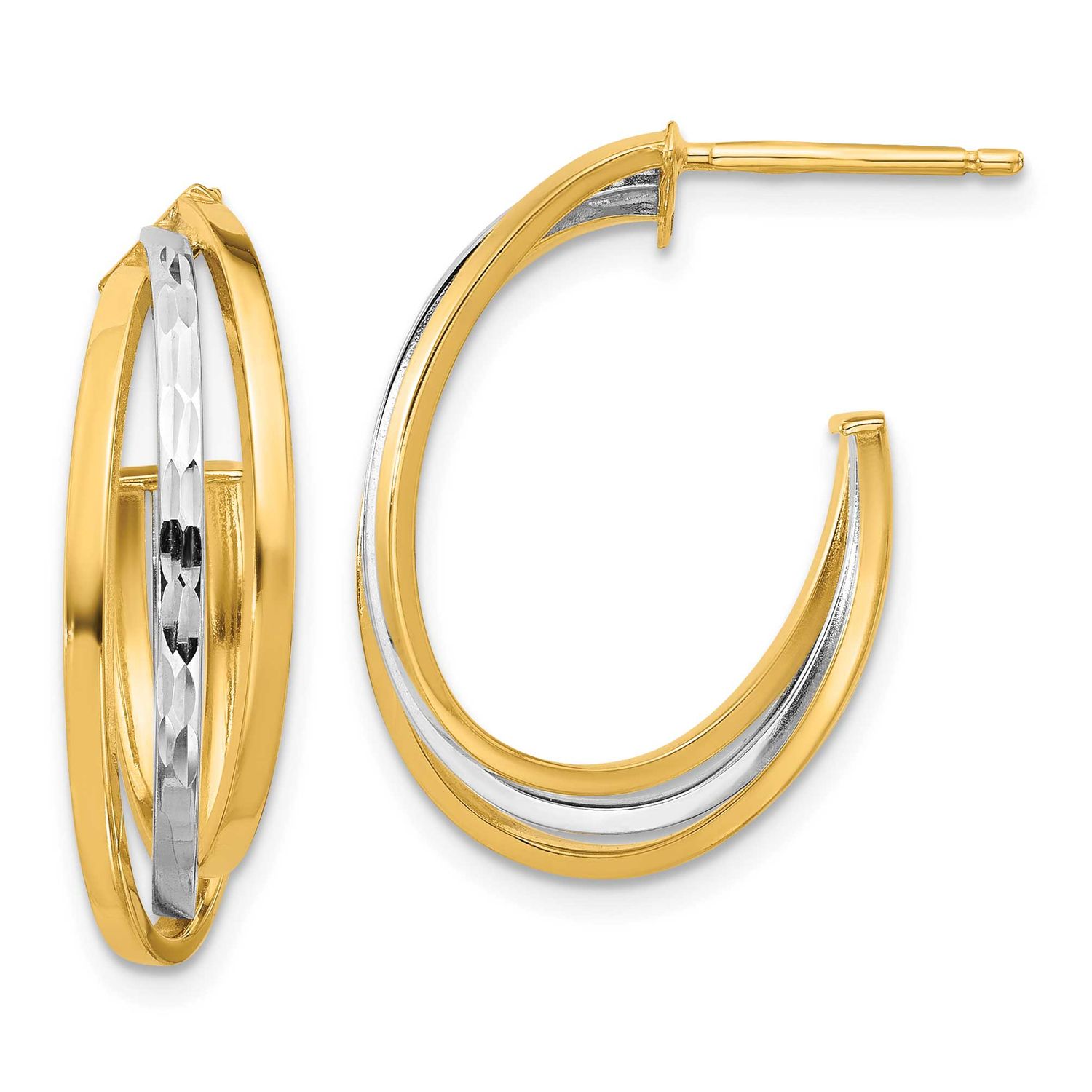 Wht Rhodium Polished / Diamond-Cut J-Hoop Post Earrings 14k Gold LE2681 196904339411