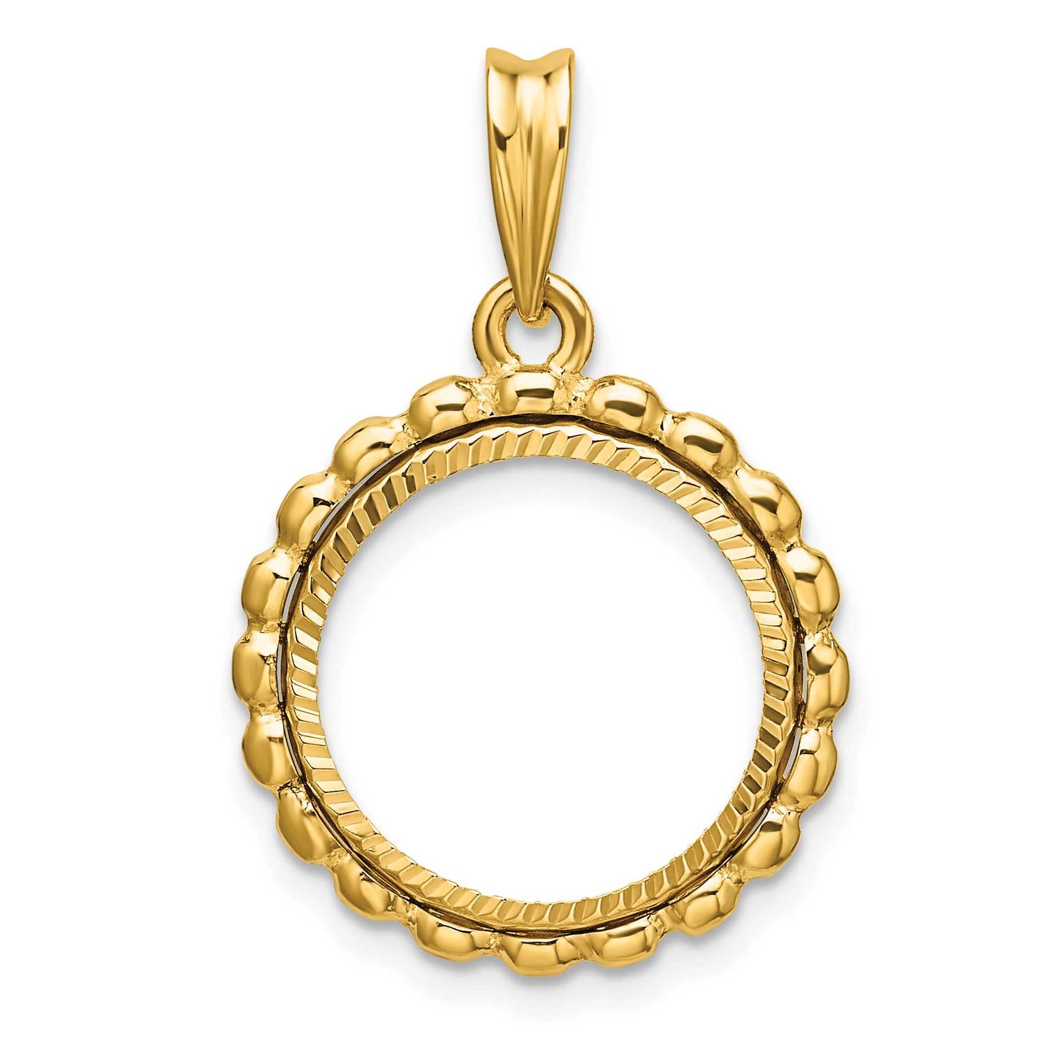 Diamond-Cut with Beaded Edge 15.0mm Prong Coin Bezel Pendant 14k Gold Polished C1011D/15.0