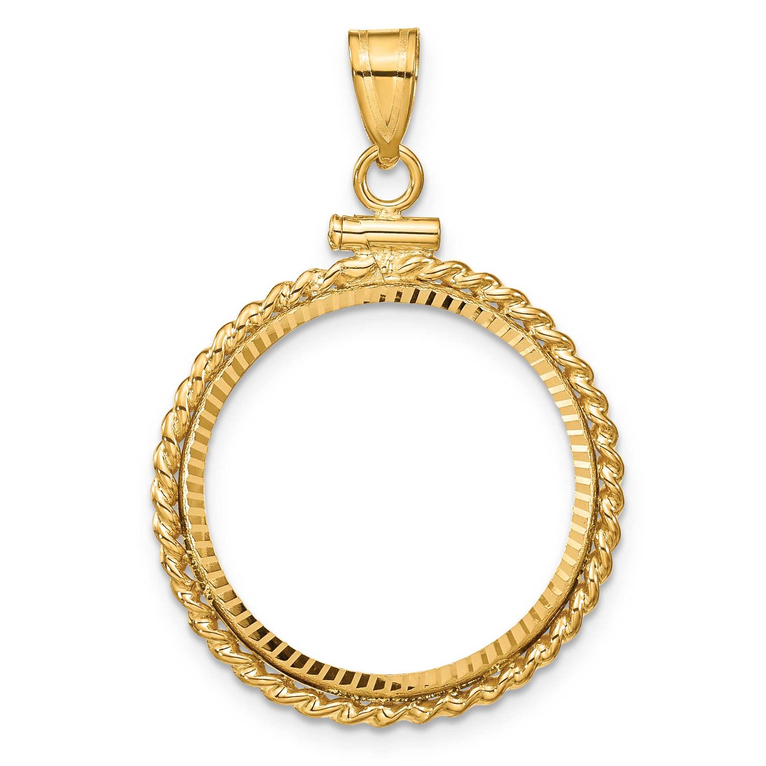 Twisted Wire and Diamond-Cut 20.2mm x 2.1mm Screw Top Coin Bezel Pendant 14k Gold Polished C2271D/2…