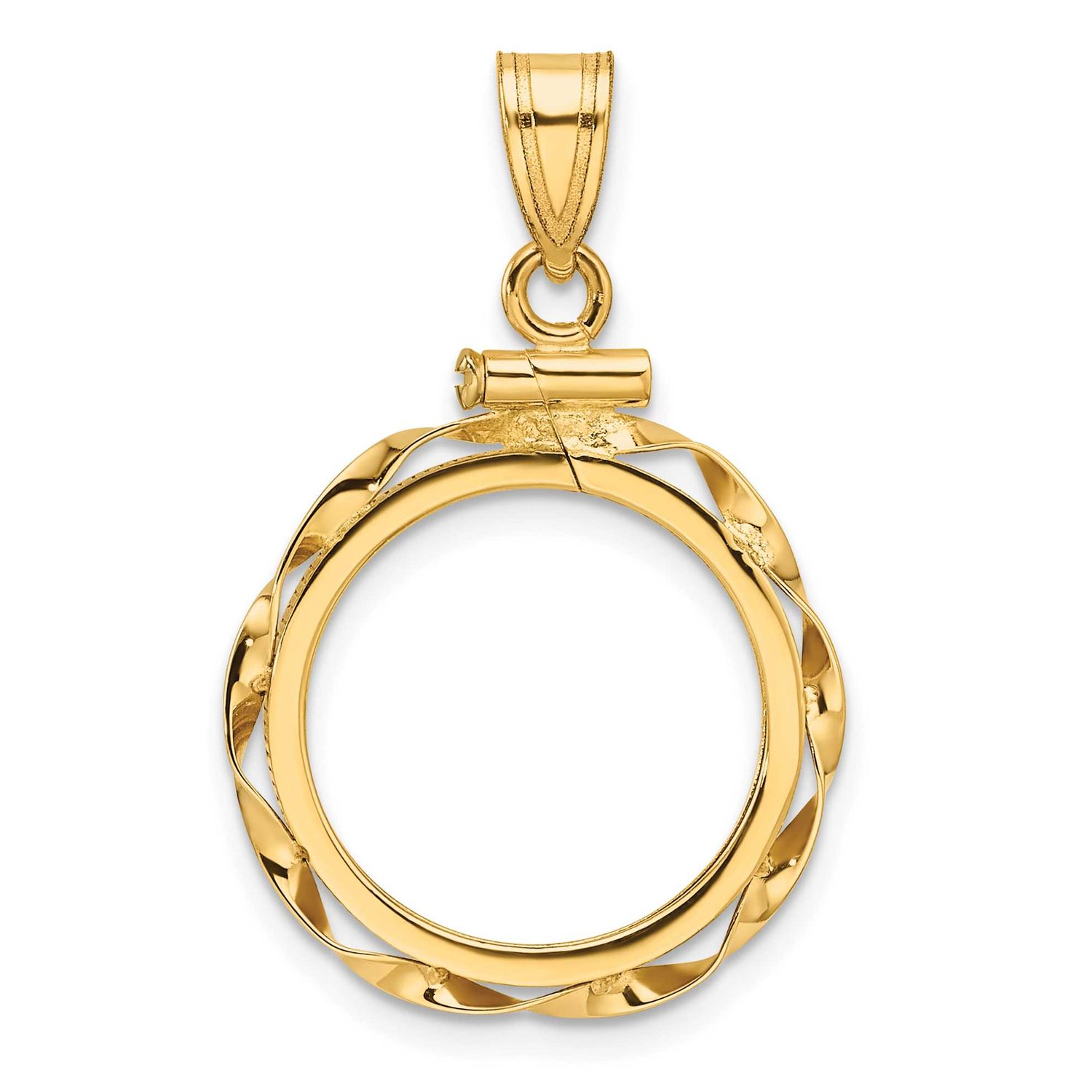 Hand Twisted Ribbon 16.5mm x 1.35mm Screw Top Coin Bezel Pendant 10k Gold Polished 10C1820/16.5
