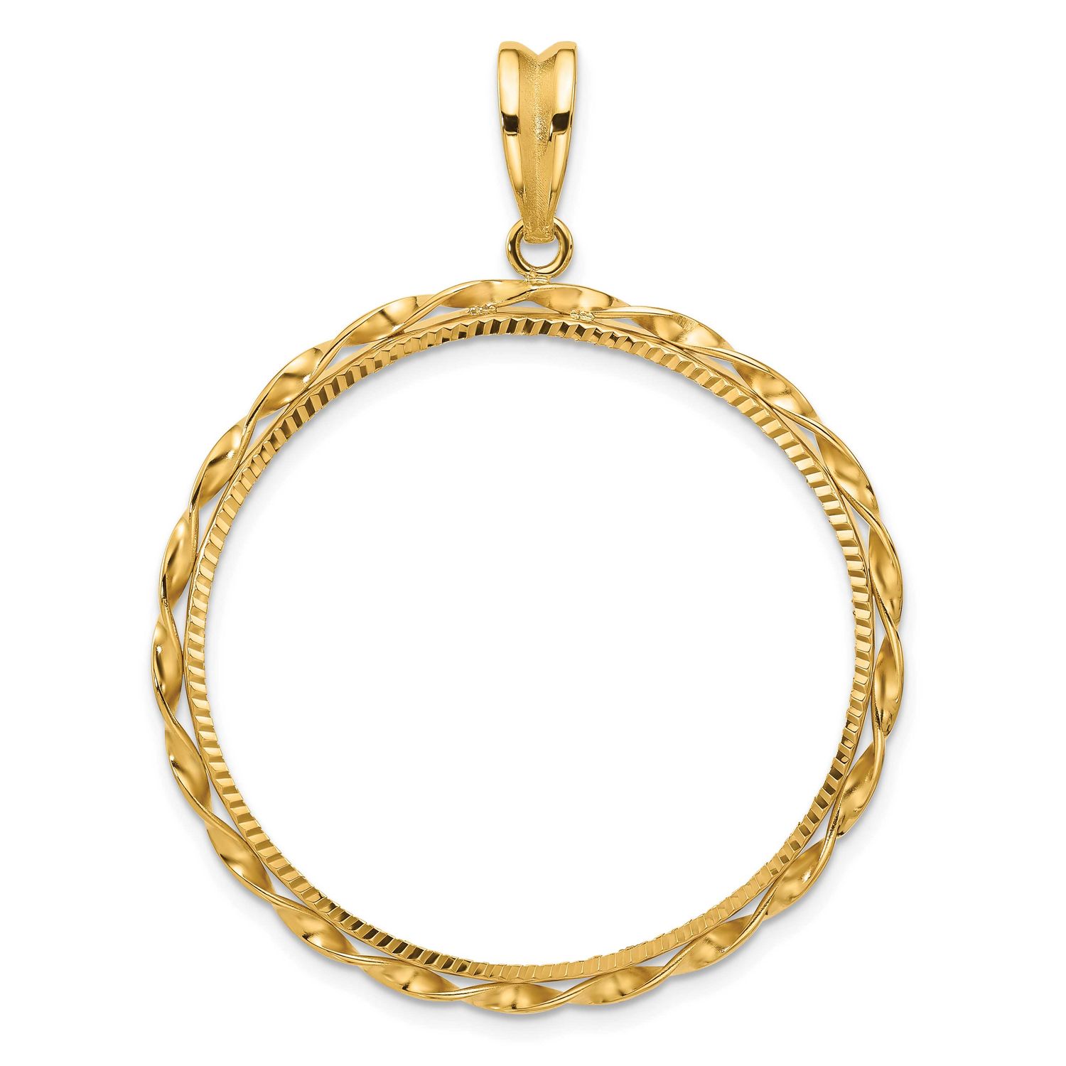 Hand Twisted Ribbon and Diamond-Cut 34.2mm Prong Coin Bezel Pendant 14k Gold Polished C3996D/34.2