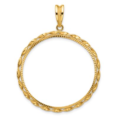 Hand Twisted Ribbon and Diamond-Cut 34.2mm Prong Coin Bezel Pendant 14k Gold Polished C3996D/34.2