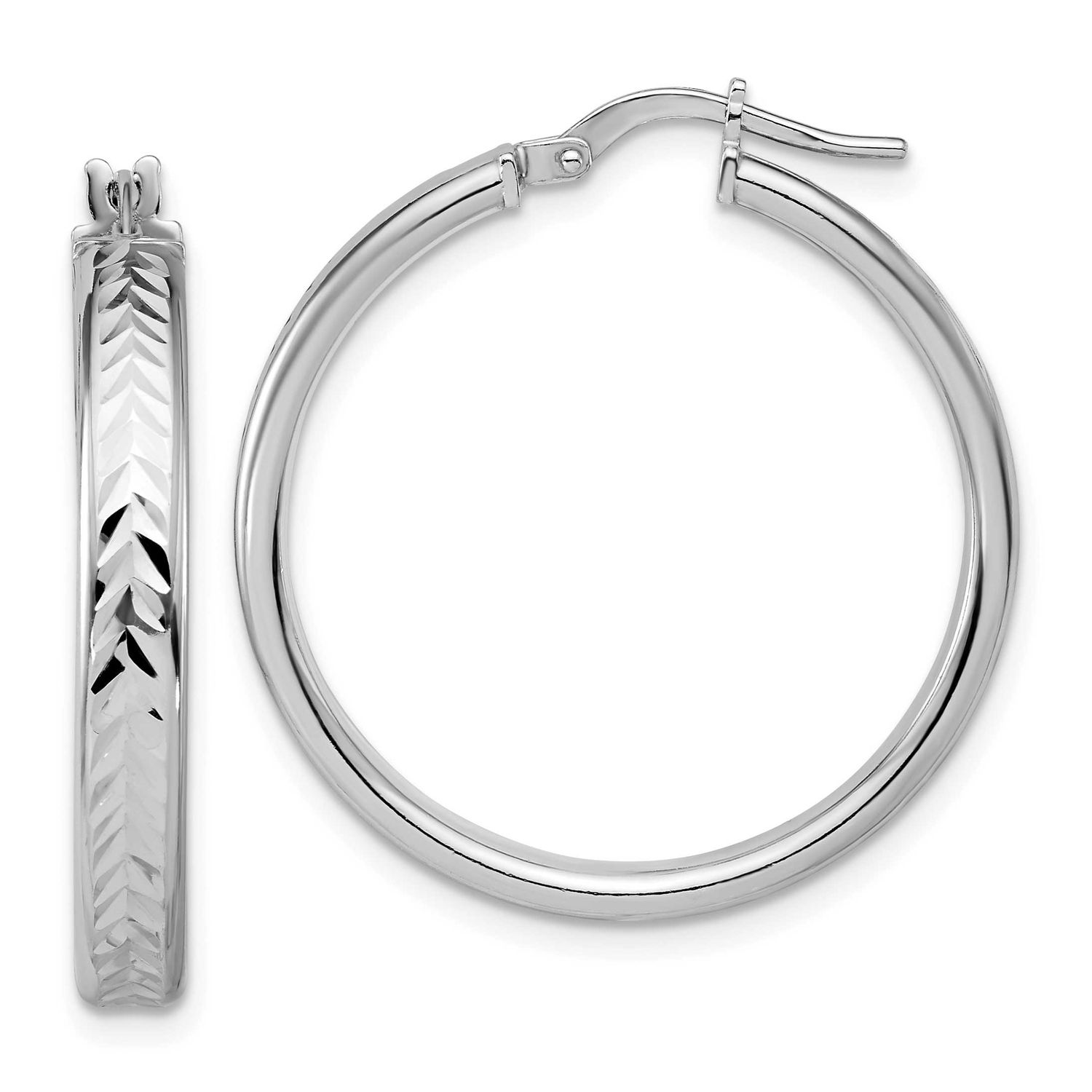 Polish/Diamond-Cut Round Hoop Earrings Sterling Silver Rhodium-plated QLE1552