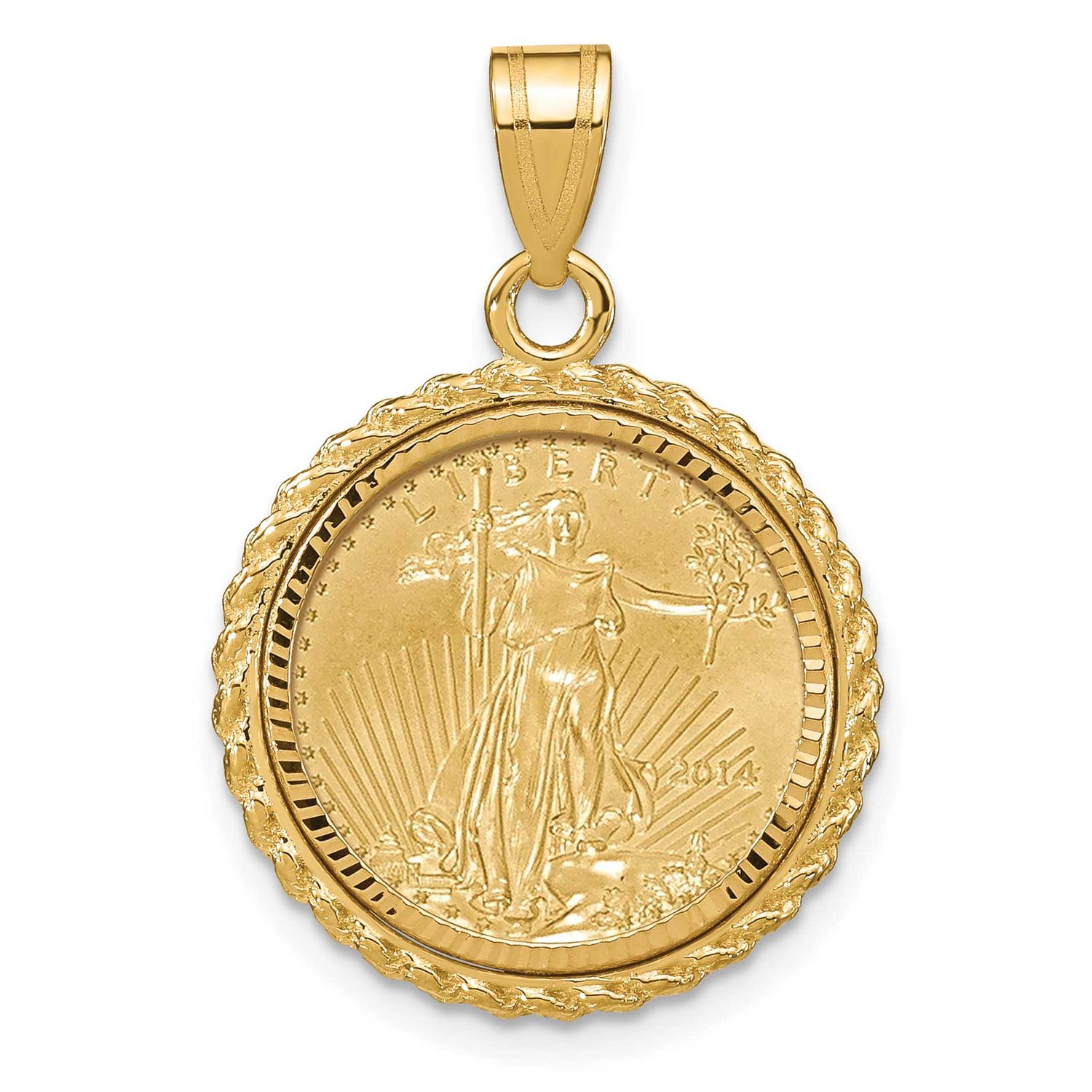 Diamond-Cut Casted Rope Prong Mounted 1/10Oz American Eagle Coin Bezel Pendant 14k Gold C8186/16.5C