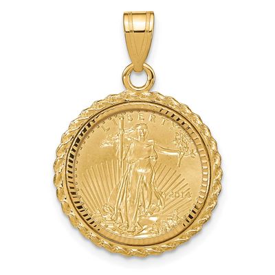 Diamond-Cut Casted Rope Prong Mounted 1/10Oz American Eagle Coin Bezel Pendant 14k Gold C8186/16.5C