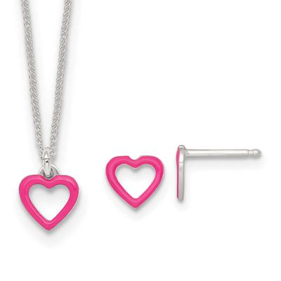 Pink Enameled Heart Children&#39;s Post Earring and Necklace Set Sterling Silver Polished QST288SET