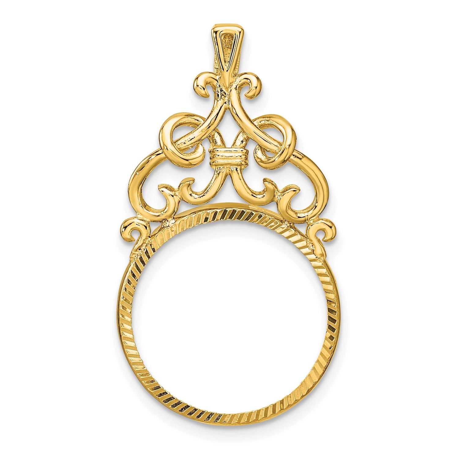 Fancy Filigree Top and Diamond-Cut 17.8mm Prong Coin Bezel Pendant 14k Gold Polished C1504D/17.8