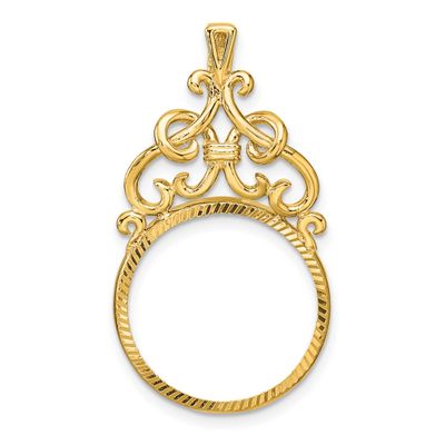 Fancy Filigree Top and Diamond-Cut 17.8mm Prong Coin Bezel Pendant 14k Gold Polished C1504D/17.8