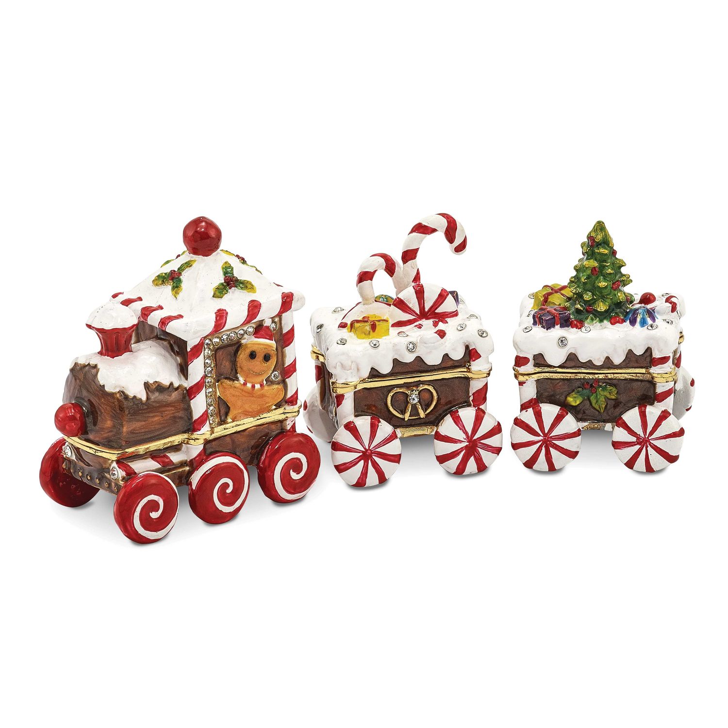 Luxury Giftware Pewter Bejeweled Crystals Gold-Tone Enameled Candy Cane Train Trinket Box with Matc…