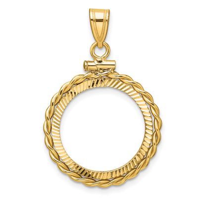 Twisted Wire and Diamond-Cut 18.0mm x 1.35mm Screw Top Coin Bezel Pendant 14k Gold Polished C2271D/…