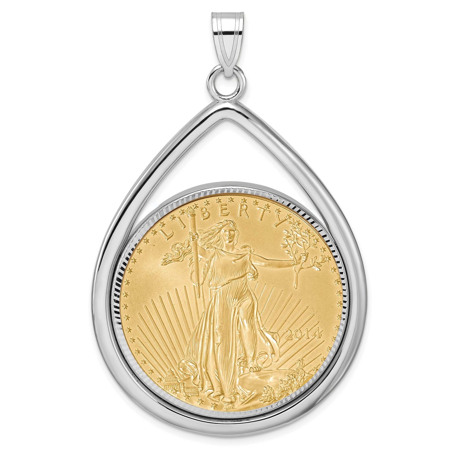 Polished &amp; Diamond-Cut Tear Drop Prong Mounted 1Oz American Eagle Coin Bezel Pendant 14k White Gold…