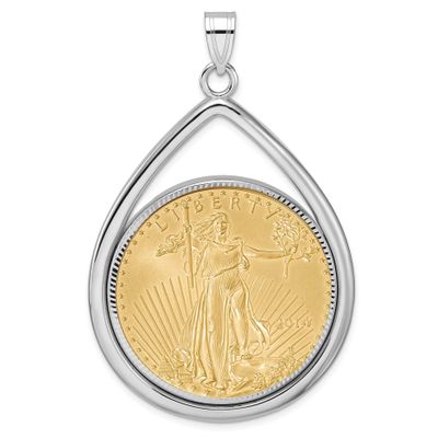 Polished &amp; Diamond-Cut Tear Drop Prong Mounted 1Oz American Eagle Coin Bezel Pendant 14k White Gold…