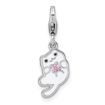 Amore La Vita Enamel Cat with Pink CZ Charm Sterling Silver Rhodium-plated QCC1310