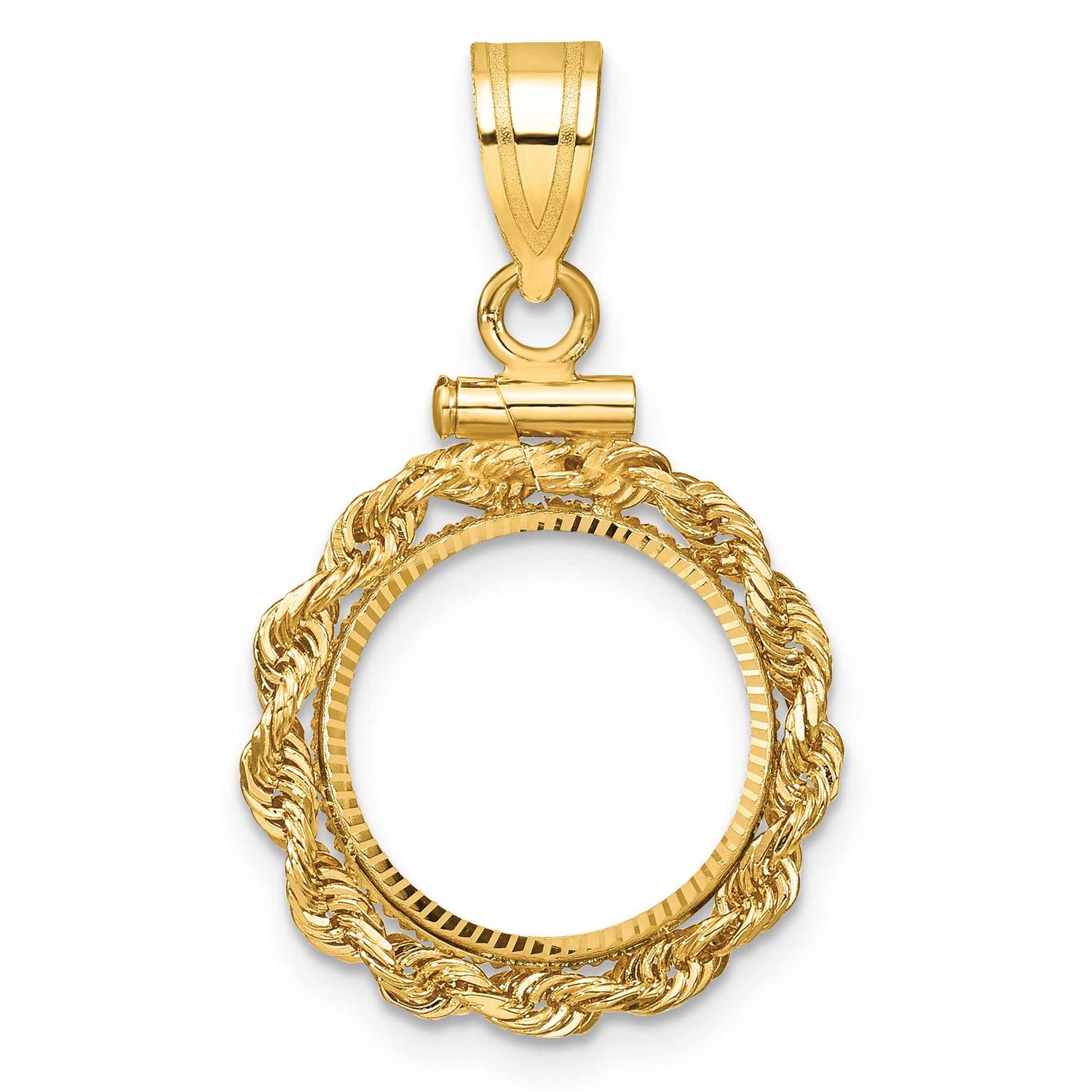 Rope and Diamond-Cut 13.0mm x 1.1mm Screw Top Coin Bezel Pendant 10k Gold Polished 10C1215D/13.0