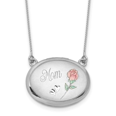 20mm Oval Mom Epoxy Flower Locket with 2 Inch Extender Necklace Sterling Silver Rhodium-plated QLS1…