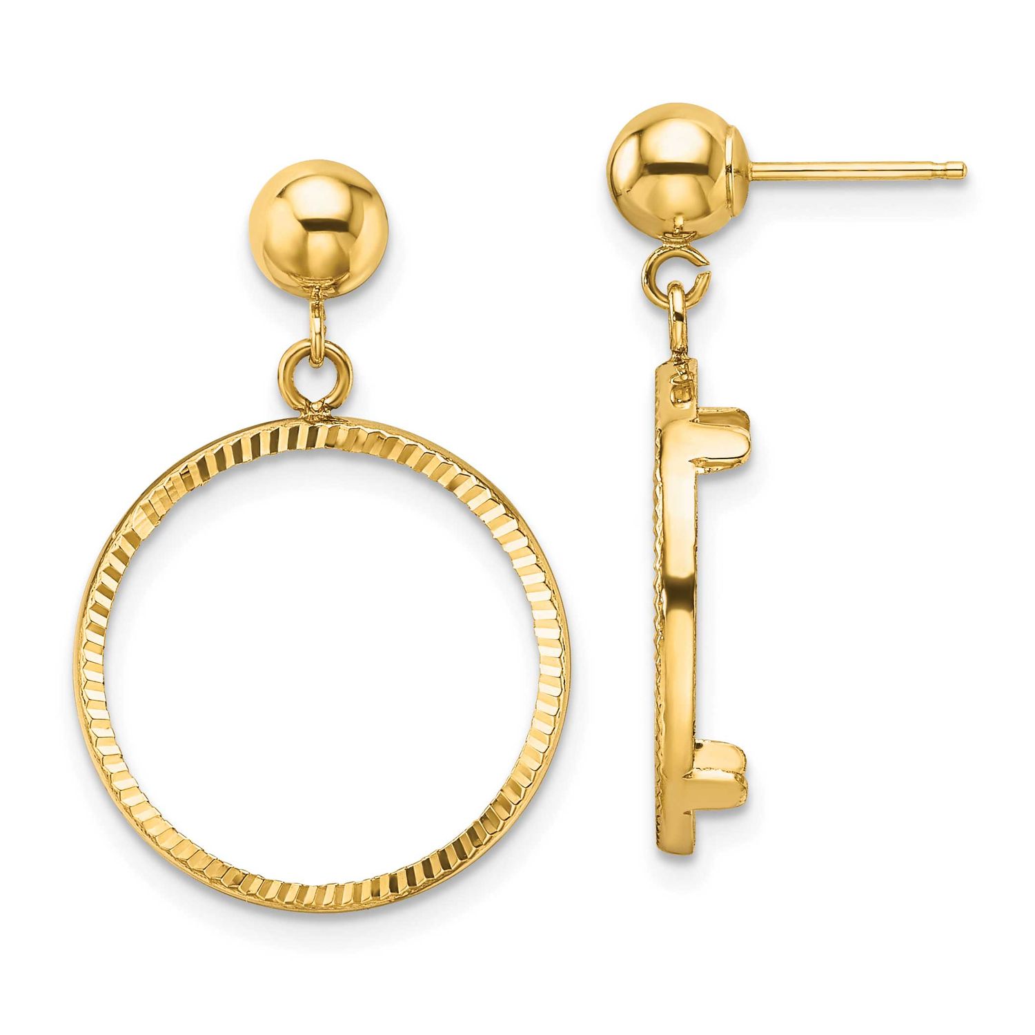 Diamond-Cut Classic 16.5mm Prong Coin Bezel Post Dangle Earrings 14k Gold Polished ER1801D/16.5