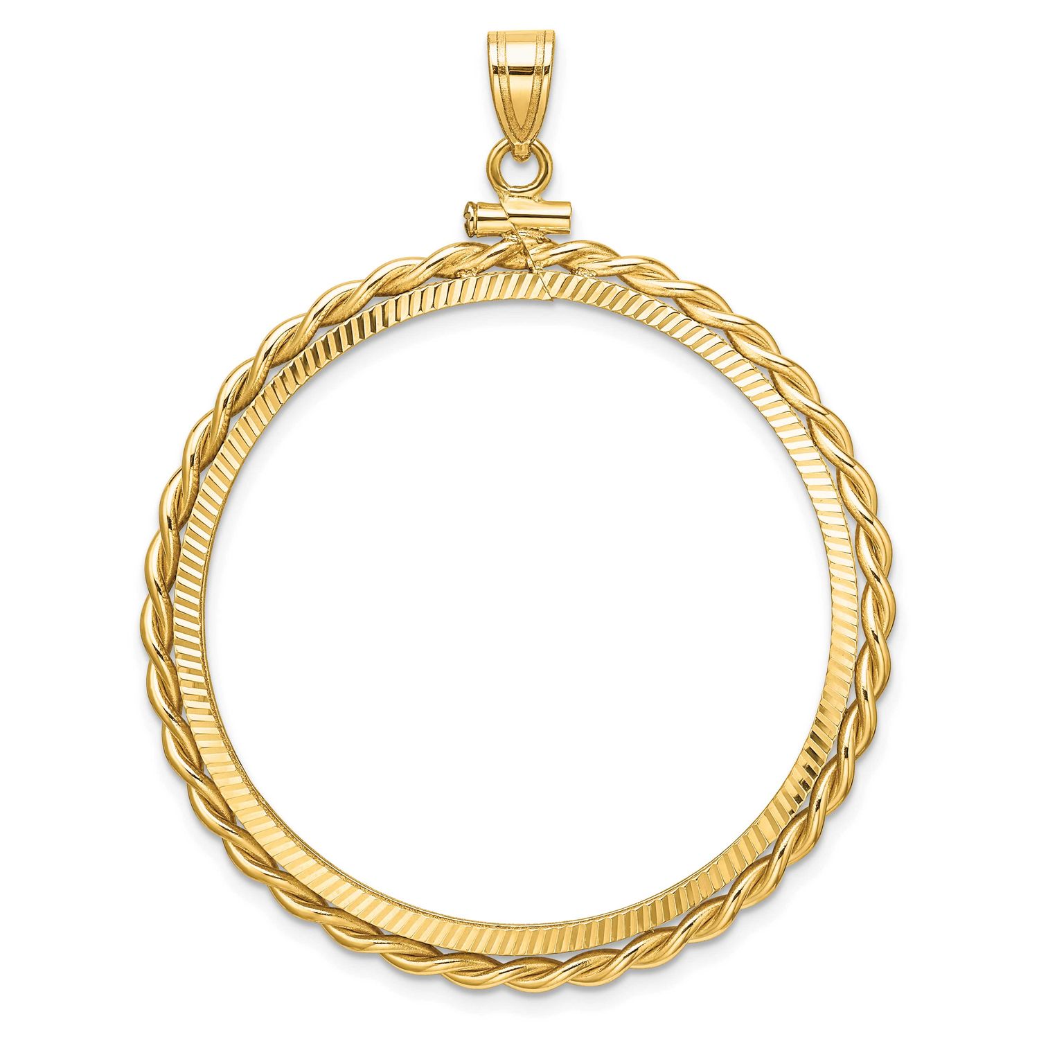 Twisted Wire and Diamond-Cut 37.0mm x 2.85mm Screw Top Coin Bezel Pendant 14k Gold Polished C2271D/…