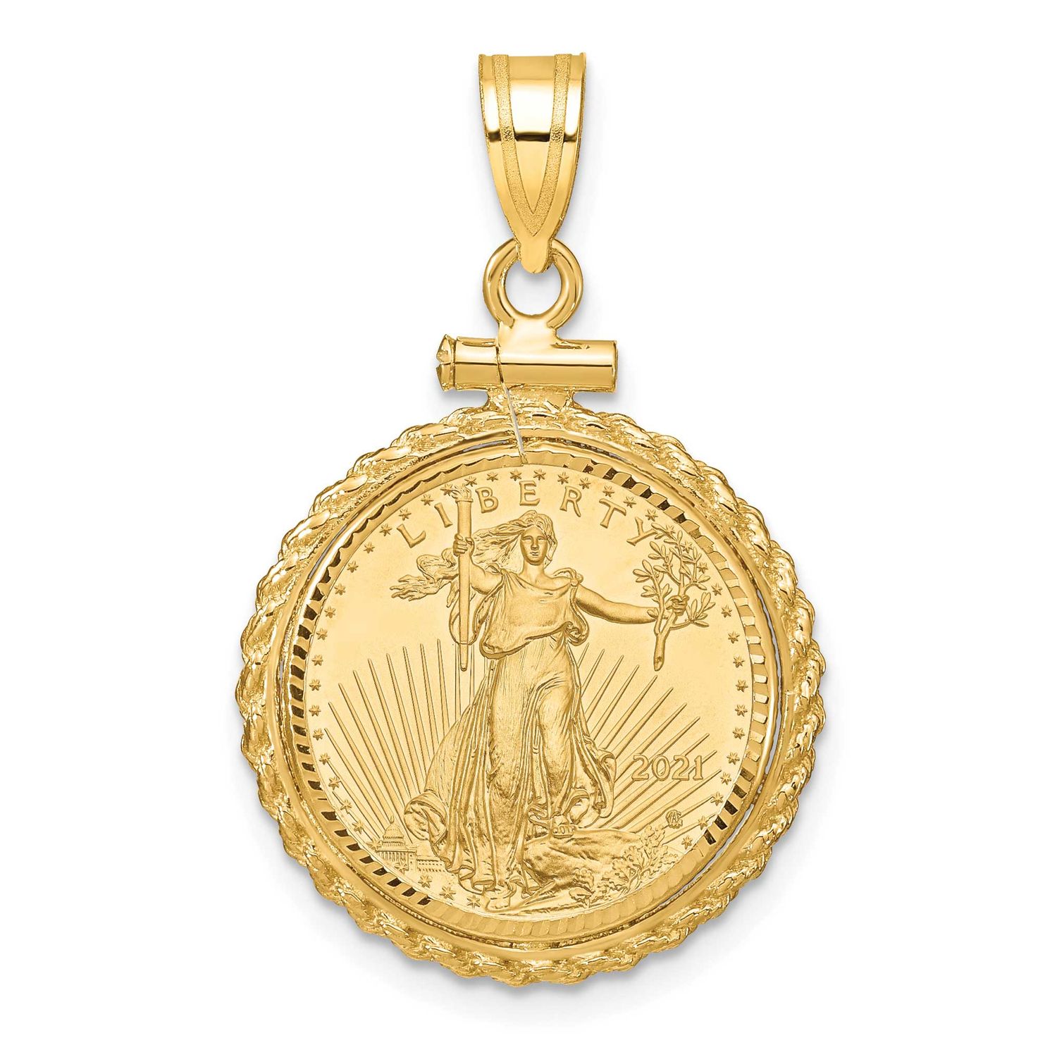 Diamond-Cut Casted Rope Screw Top Mounted 1/10Oz American Eagle Coin Bezel Pendant 14k Gold C8196/1…