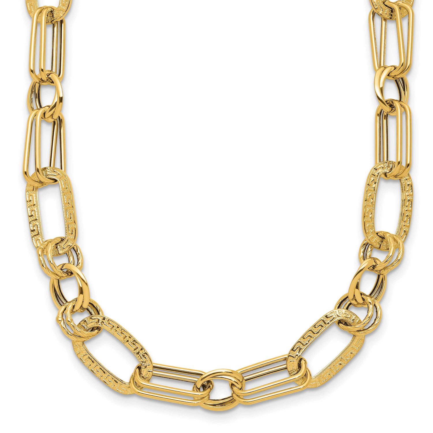 Fancy Greek Key Link Necklace 14k Gold Polished and Textured LF2225-18 196904317051
