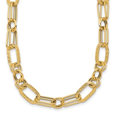 Fancy Greek Key Link Necklace 14k Gold Polished and Textured LF2225-18 196904317051
