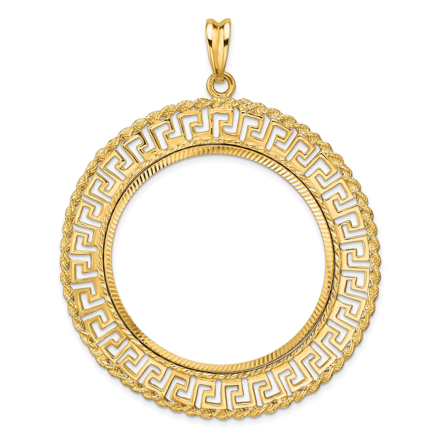 Diamond-Cut Greek Key with Rope Border 37.0mm Prong Coin Bezel Pendant 14k Gold Polished C3013D/37.0