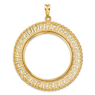 Diamond-Cut Greek Key with Rope Border 37.0mm Prong Coin Bezel Pendant 14k Gold Polished C3013D/37.0