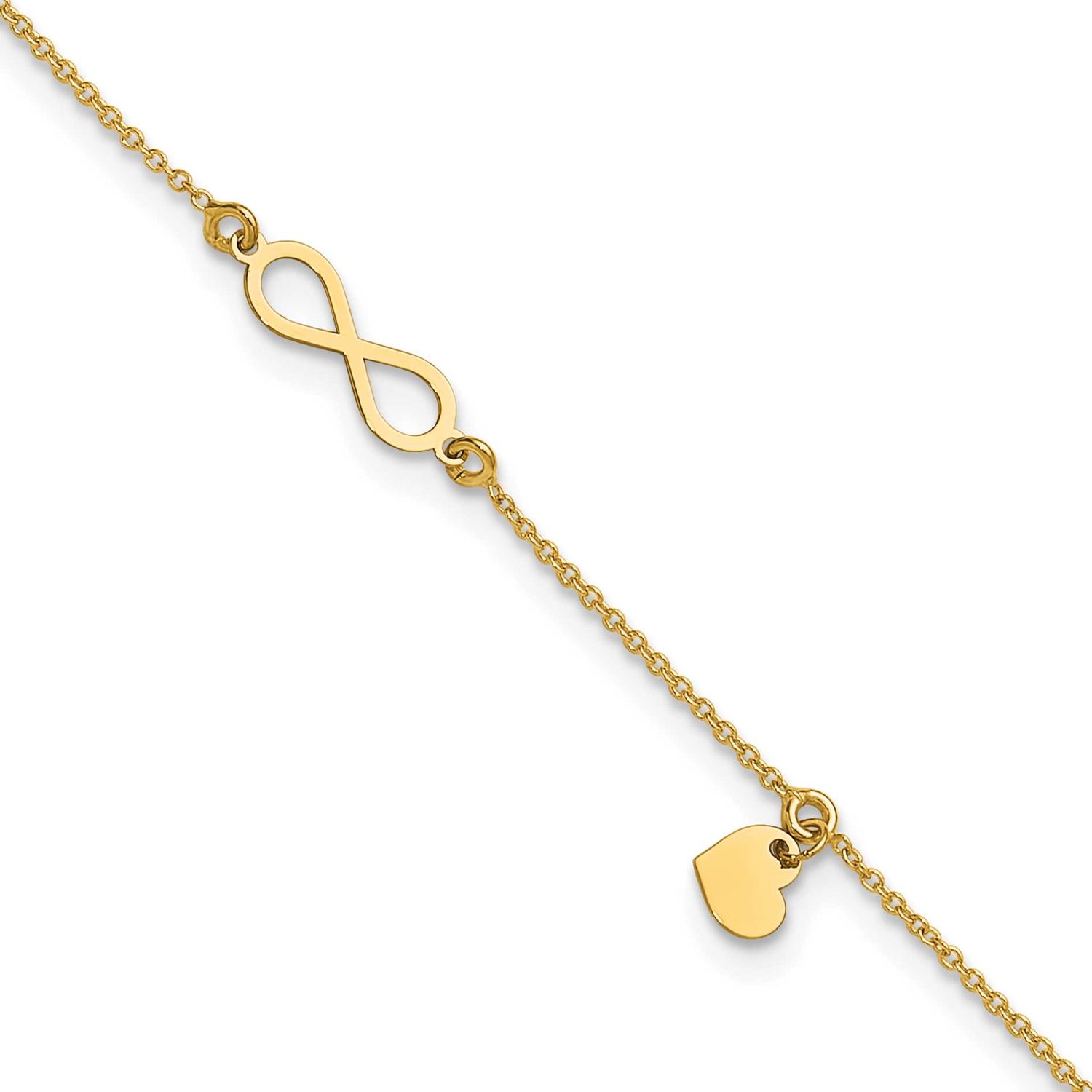 Infinity/Dangle Heart 9 Inch Plus 1 Inch Extender Anklet 14k Gold Polished LF2173-9 196904311950