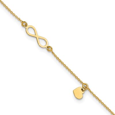 Infinity/Dangle Heart 9 Inch Plus 1 Inch Extender Anklet 14k Gold Polished LF2173-9 196904311950