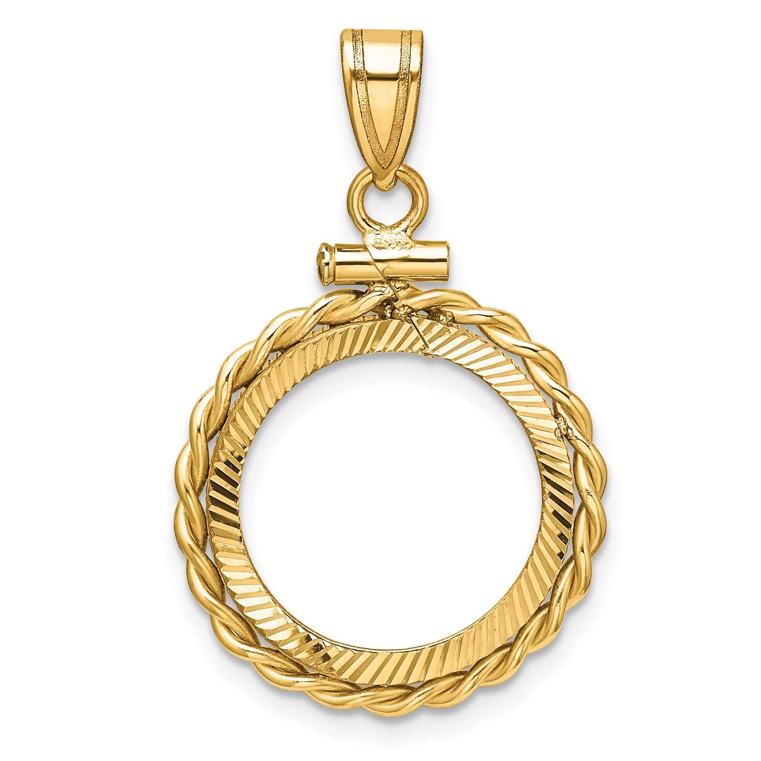 Twisted Wire and Diamond-Cut 16.0mm x 1.35mm Screw Top Coin Bezel Pendant 14k Gold Polished C2271D/…