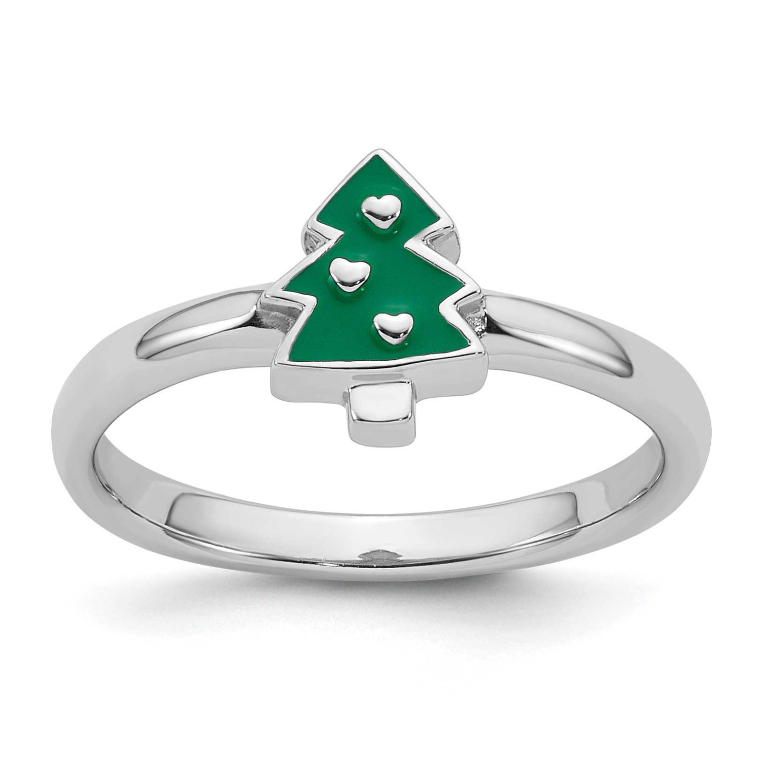 Children&#39;s Size 4 Green Enamel Christmas Tree with Hearts Ring Sterling Silver Rhodium-plated QR765…