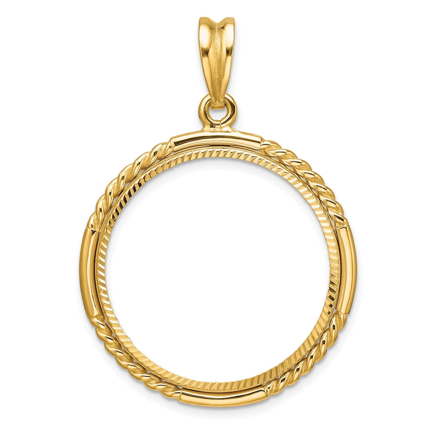 Quadruple Twist and Diamond-Cut 27.0mm Prong Coin Bezel Pendant 14k Gold Polished C1013D/27.0