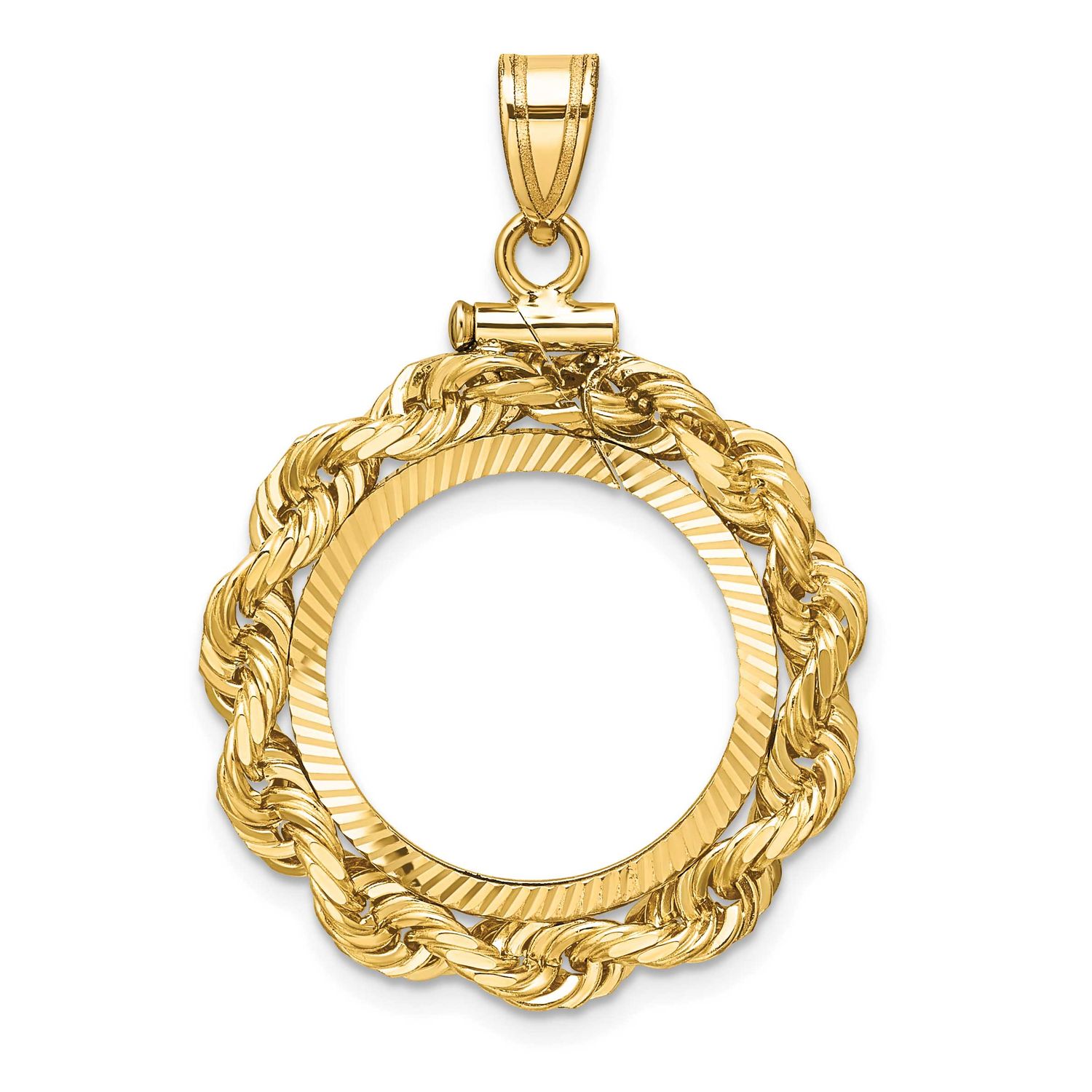 Rope and Diamond-Cut 17.8mm x 1.35mm Screw Top Coin Bezel Pendant 14k Gold Polished C3275D/17.8