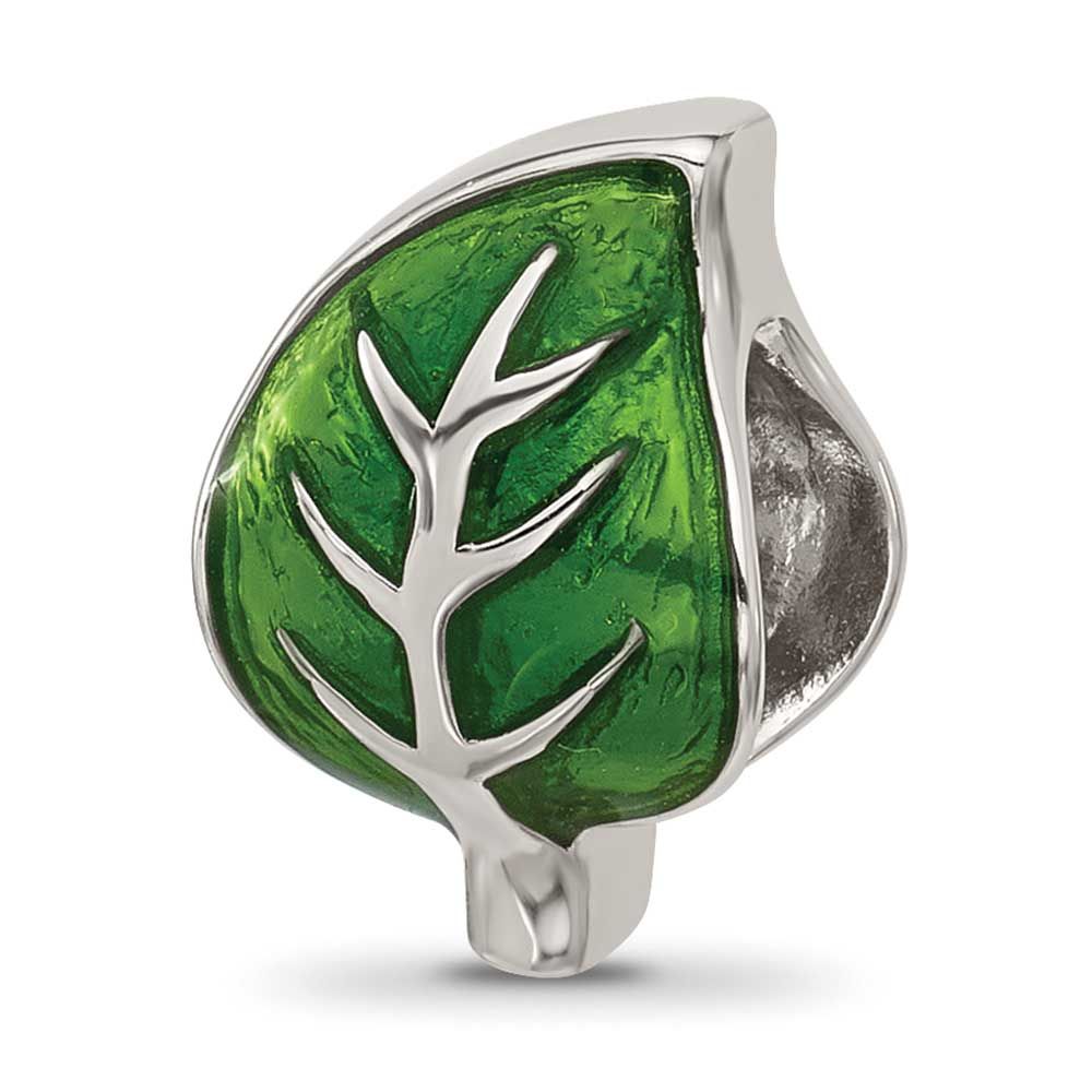 Enamel Green Leaf Bead Sterling Silver QRS4561 196904279090