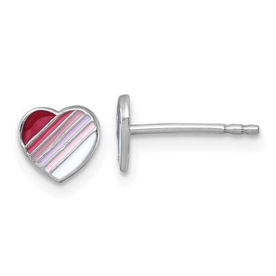 Madi K Enamel Striped Heart Children&#39;s Post Earrings Sterling Silver Rhodium-plated QE18249