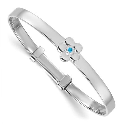 Blue CZ Flower Children&#39;s Adjustable Bangle Sterling Silver Rhodium-plated QB1640