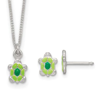 Enameled Turtle Children&#39;s Post Earrings and Necklace Set Sterling Silver Polished QST295SET