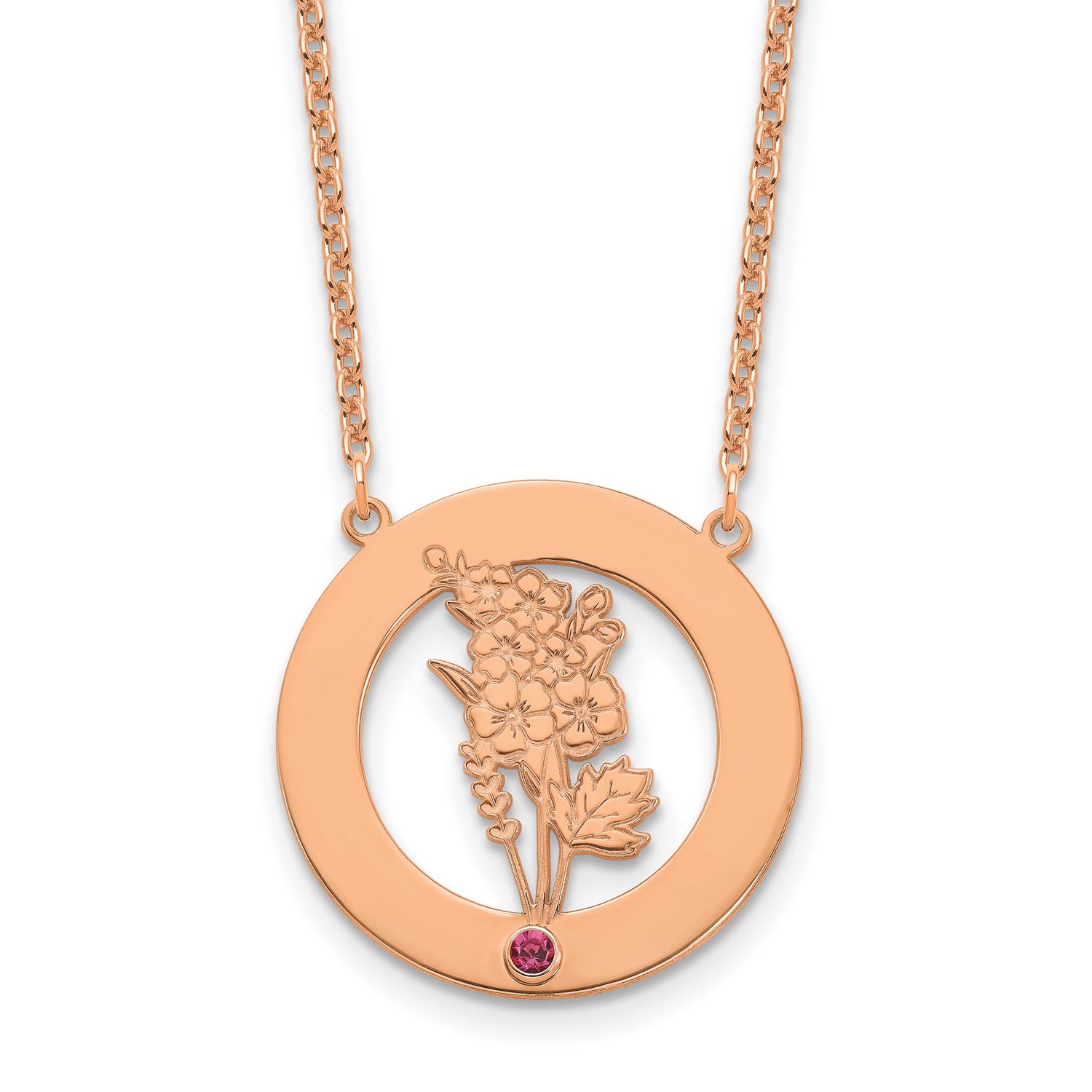 Circle with 1 Birth Flower and Birthstone Necklace Sterling Silver Rose-plated XNA1487/1RP