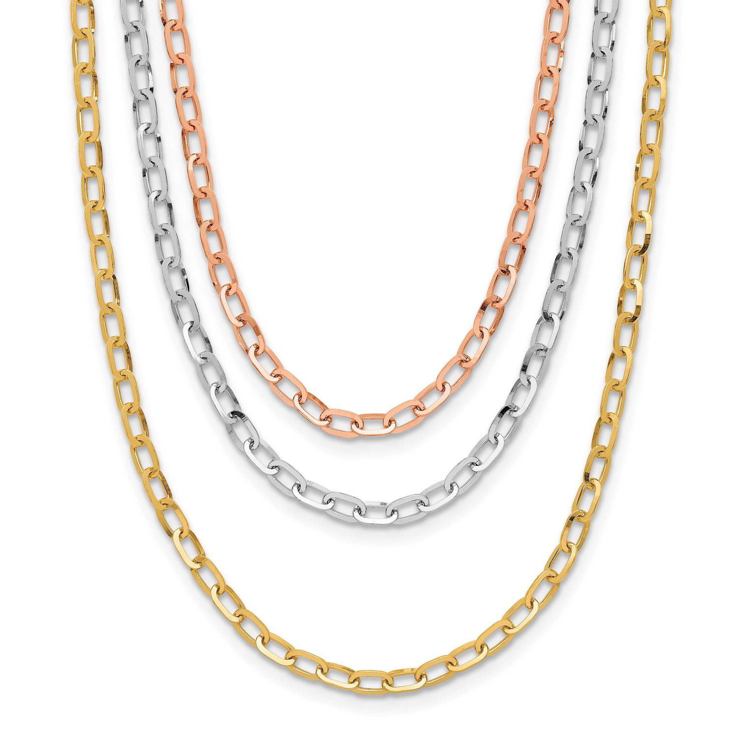 Tri-Color Polished 3-Strand Link Necklace 14k Gold LF1967-18 196904190890