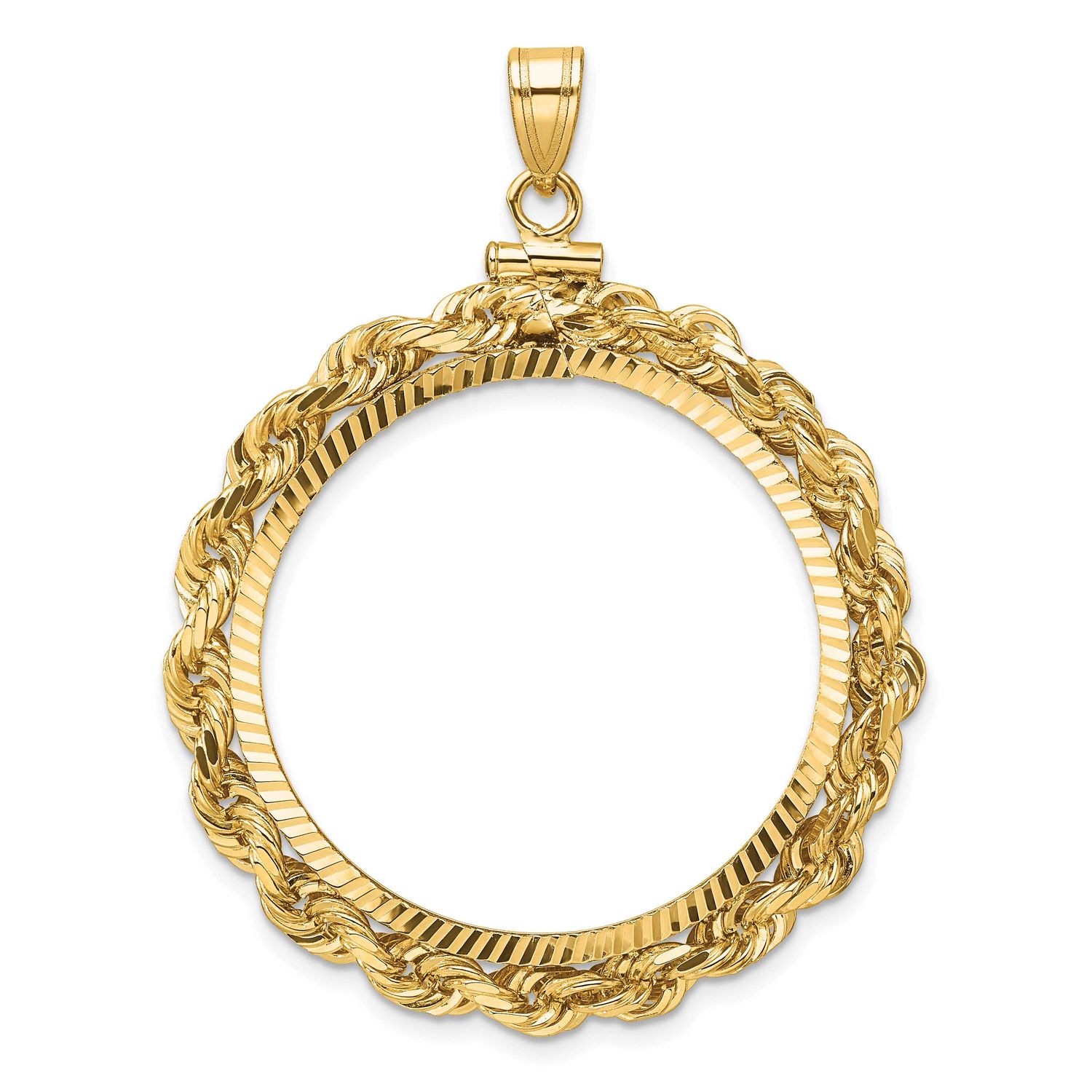 Rope and Diamond-Cut 30.0mm x 3.00mm Screw Top Coin Bezel Pendant 14k Gold Polished C3275D/30.0