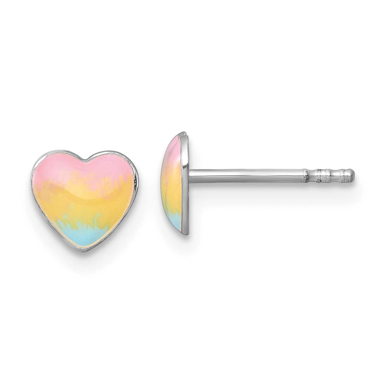 Madi K Enamel Rainbow Heart Children&#39;s Post Earrings Sterling Silver Rhodium-plated QE18253